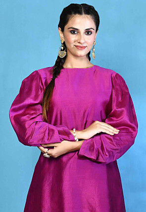 Contrast Belt Pure Silk Top Set in Magenta