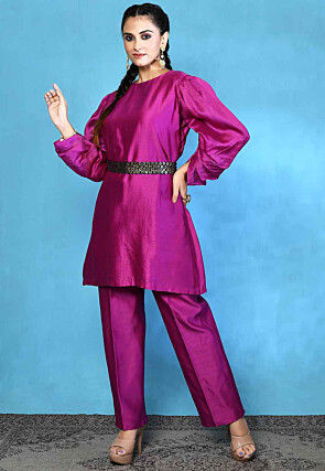 Contrast Belt Pure Silk Top Set in Magenta