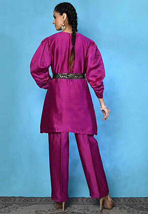 Contrast Belt Pure Silk Top Set in Magenta