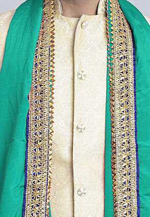 Contrast Border Art Chinon Crepe Dupatta in Sea Green