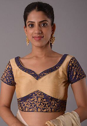 Contrast Border Art Silk Jacquard Blouse in Beige And Navy Blue