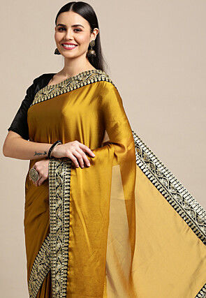 Contrast Border Art Silk Saree in Mustard