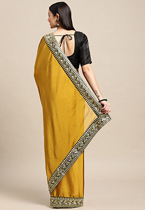 Contrast Border Art Silk Saree in Mustard