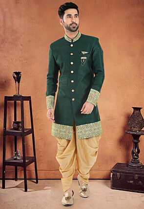 Contrast Border Art Silk Sherwani in Dark Green