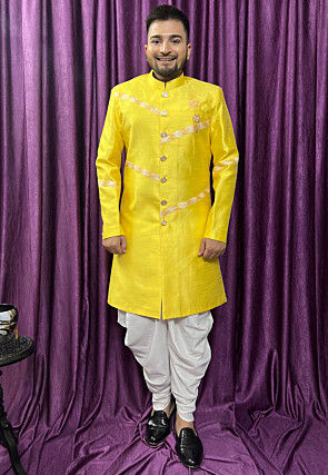 Contrast Border Art Silk Sherwani in Yellow