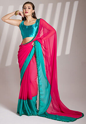 Contrast Border Chiffon Saree in Fuchsia