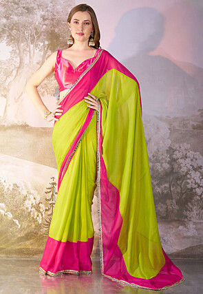 Contrast Border Chiffon Saree in Light Green