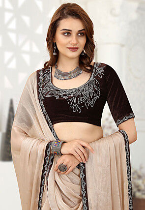 Contrast Border Chiffon Shimmer Saree in Light Beige