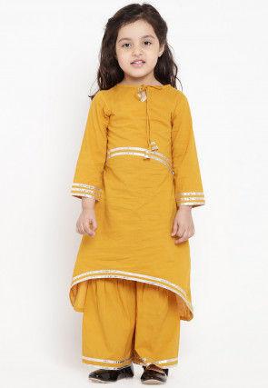 Contrast Border Cotton Rayon Asymmetric Kurta Set in Mustard