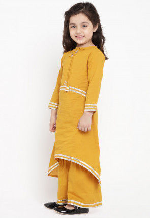 Contrast Border Cotton Rayon Asymmetric Kurta Set in Mustard