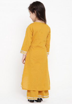 Contrast Border Cotton Rayon Asymmetric Kurta Set in Mustard