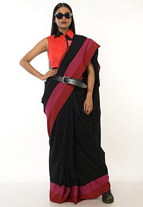 Contrast Border Cotton Saree in Black