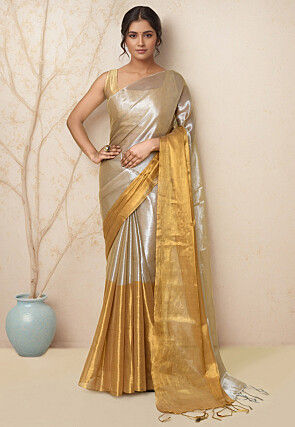 Woven Cotton Saree in Silver and Golden