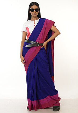 Contrast Border Cotton Saree in Navy Blue
