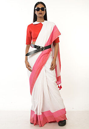 Contrast Border Cotton Saree in Off White