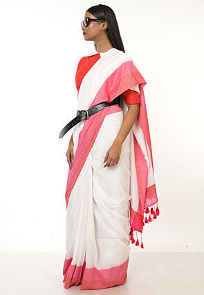 Contrast Border Cotton Saree in Off White