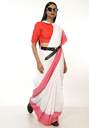 Contrast Border Cotton Saree in Off White