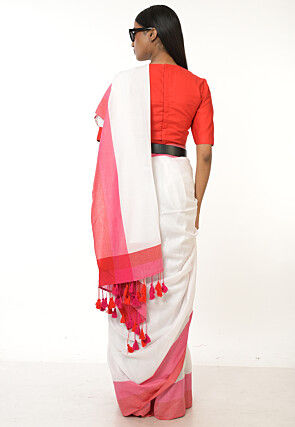 Contrast Border Cotton Saree in Off White