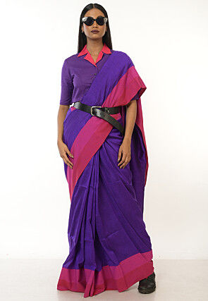 Contrast Border Cotton Saree in Purple