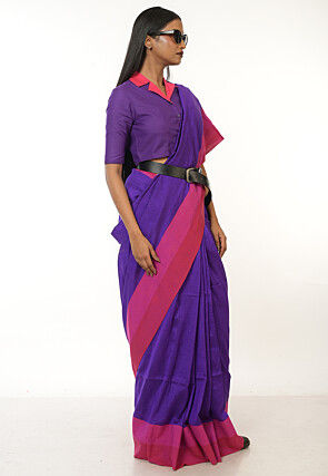 Contrast Border Cotton Saree in Purple