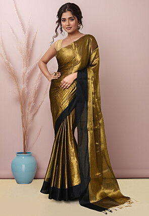 Contrast Border Cotton Silk Saree in Dark Beige