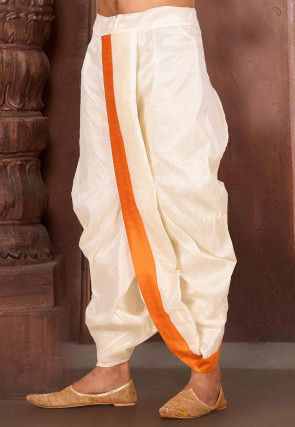 Contrast Border Dupion Silk Dhoti in Cream
