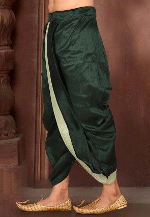 Contrast Border Dupion Silk Dhoti in Dark Green