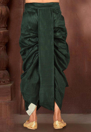 Contrast Border Dupion Silk Dhoti in Dark Green