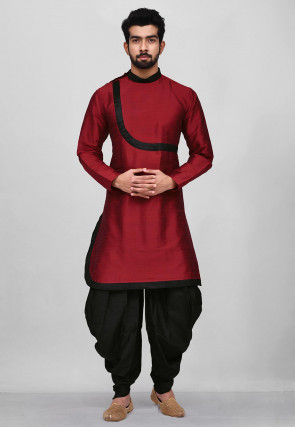 Contrast Border Dupion Silk Dhoti Kurta in Maroon