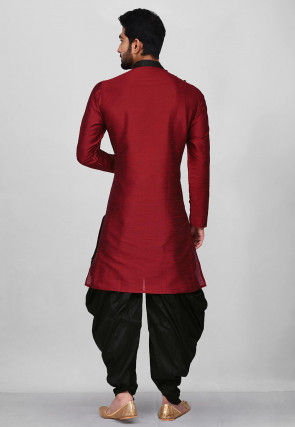 Contrast Border Dupion Silk Dhoti Kurta in Maroon