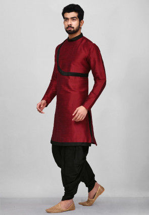 Contrast Border Dupion Silk Dhoti Kurta in Maroon