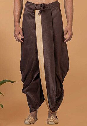 Contrast Border Dupion Silk Dhoti Pant in Dark Brown