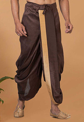 Contrast Border Dupion Silk Dhoti Pant in Dark Brown