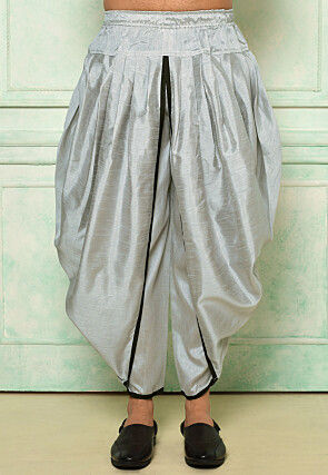 Contrast Border Dupion Silk Rajwara Dhoti Pant in Grey