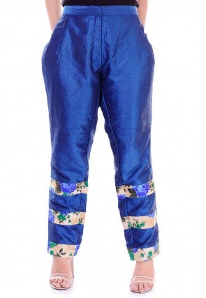 Contrast Border Dupion Silk Straight Pant in Royal Blue