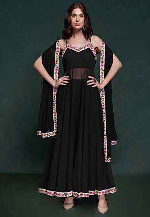Contrast Border Georgette Abaya Style Suit in Black
