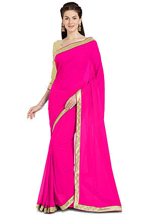 Banarasee Handwoven Semi Silk Plain Saree With Zari Border-Pink