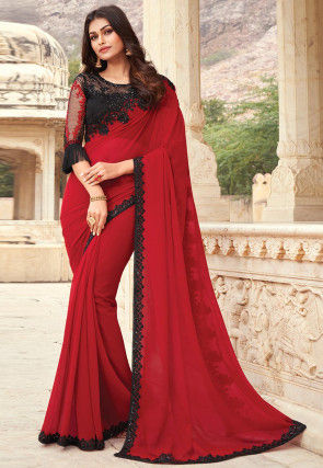 Reeta Fashion Stylish Red Satin Silk Plain Saree with Unstitched Blouse |  Reeta Fashion