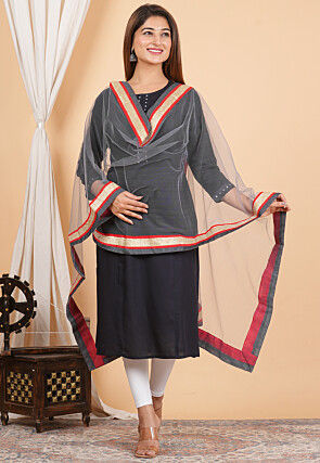 Contrast Border Net Dupatta in Grey