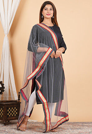 Contrast Border Net Dupatta in Grey