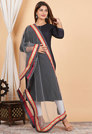 Contrast Border Net Dupatta in Grey