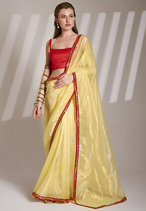 Contrast Border Net Saree in Yellow