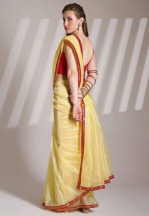 Contrast Border Net Saree in Yellow