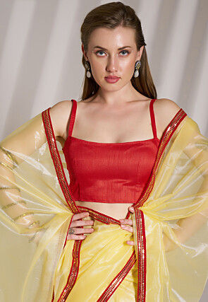 Contrast Border Net Saree in Yellow