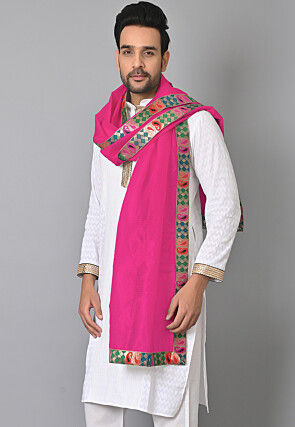 Contrast Border Pure Kota Tissue Men Dupatta in Fuchsia