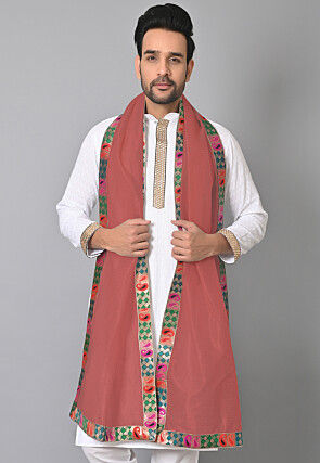 Contrast Border Pure Kota Tissue Men Dupatta in Peach