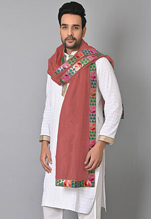 Contrast Border Pure Kota Tissue Men Dupatta in Peach