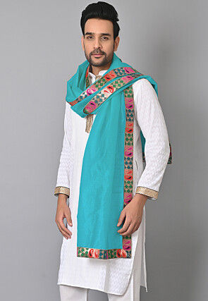 Contrast Border Pure Kota Tissue Men Dupatta in Turquoise