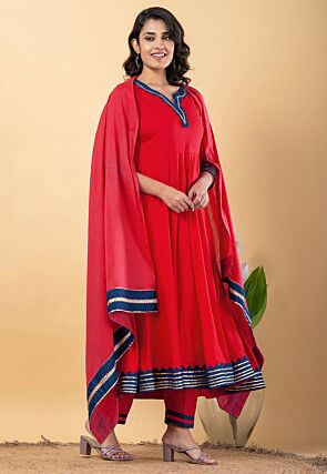 Contrast Border Pure Rayon A Line Suit in Red