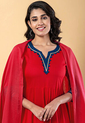 Contrast Border Pure Rayon A Line Suit in Red